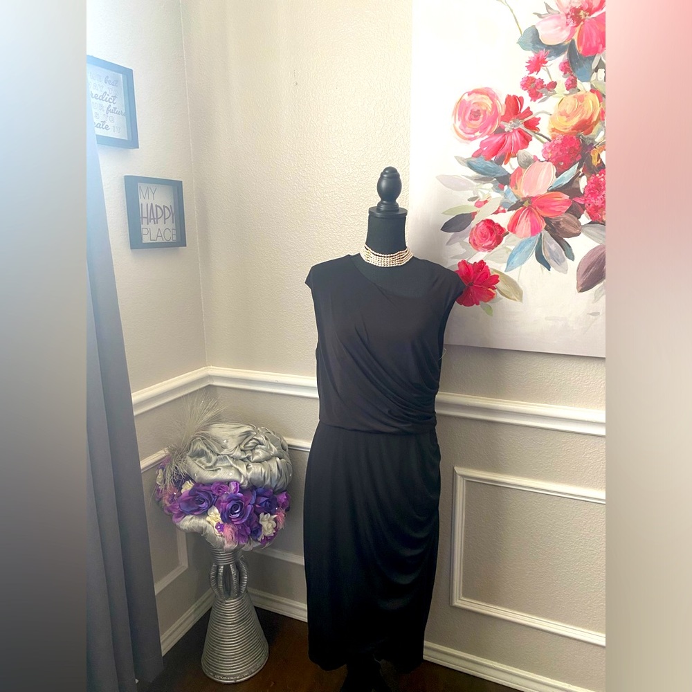 London Times Black Asymmetrical Neckline Dress || Size 14